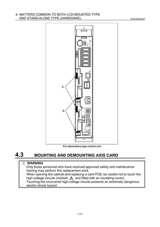 B-64305EN/03
- 132 -
4. MATTERS COMMON TO BOTH LCD-MOUNTED TYPE
AND STAND-ALONE TYPE (HARDWARE)
A
B
For stand-alone type control unit
4.3 MOUNTING AND DEMOUNTING AXIS CARD
WARNING
Only those personnel who have received approved safety and maintenance
training may perform this replacement work.
When opening the cabinet and replacing a card PCB, be careful not to touch the
high-voltage circuits (marked and fitted with an insulating cover).
Touching the uncovered high-voltage circuits presents an extremely dangerous
electric shock hazard.
 