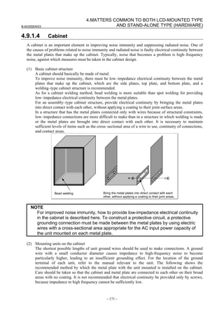 B-64305EN/03
- 171 -
4.MATTERS COMMON TO BOTH LCD-MOUNTED TYPE
AND STAND-ALONE TYPE (HARDWARE)
4.9.1.4 Cabinet
A cabinet is an important element in improving noise immunity and suppressing radiated noise. One of
the causes of problems related to noise immunity and radiated noise is faulty electrical continuity between
the metal plates that make up the cabinet. Typically, noise that becomes a problem is high–frequency
noise, against which measures must be taken in the cabinet design.
(1) Basic cabinet structure
A cabinet should basically be made of metal.
To improve noise immunity, there must be low–impedance electrical continuity between the metal
plates that make up the cabinet, which are the side plates, top plate, and bottom plate, and a
welding–type cabinet structure is recommended.
As for a cabinet welding method, bead welding is more suitable than spot welding for providing
low–impedance electrical continuity between the metal plates.
For an assembly–type cabinet structure, provide electrical continuity by bringing the metal plates
into direct contact with each other, without applying a coating to their joint surface areas.
In a structure that has the metal plates connected only with wires because of structural constraints,
low–impedance connections are more difficult to make than in a structure in which welding is made
or the metal plates are brought into direct contact with each other. It is necessary to maintain
sufficient levels of items such as the cross–sectional area of a wire to use, continuity of connections,
and contact areas.
Bead welding Bring the metal plates into direct contact with each
other, without applying a coating to their joint areas.
NOTE
For improved noise immunity, how to provide low-impedance electrical continuity
in the cabinet is described here. To construct a protective circuit, a protective
grounding connection must be made between the metal plates by using electric
wires with a cross-sectional area appropriate for the AC input power capacity of
the unit mounted on each metal plate.
(2) Mounting units on the cabinet
The shortest possible lengths of unit ground wires should be used to make connections. A ground
wire with a small conductor diameter causes impedance to high-frequency noise to become
particularly higher, leading to an insufficient grounding effect. For the location of the ground
terminal of each unit, refer to the manual relevant to the unit. The following shows the
recommended method by which the metal plate with the unit mounted is installed on the cabinet.
Care should be taken so that the cabinet and metal plate are connected to each other on their broad
areas with no coating. It is not recommended that electrical continuity be provided only by screws,
because impedance to high frequency cannot be sufficiently low.
 