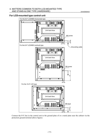 B-64305EN/03
- 174 -
4. MATTERS COMMON TO BOTH LCD-MOUNTED TYPE
AND STAND-ALONE TYPE (HARDWARE)
For LCD-mounted type control unit
For the 8.4" LCD/MDI (horizontal) type
Unit back face
Grounding cable
M4 screw
For the 8.4" LCD/MDI (vertical) type
Unit back face
M4 screw
For the 10.4" LCD type
Unit back face
M4 stud
Connect the 0-V line in the control unit to the ground plate of or a metal plate near the cabinet via the
protection ground terminal (above figure).
 