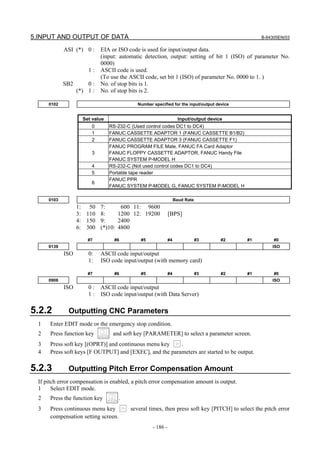 5.INPUT AND OUTPUT OF DATA B-64305EN/03
- 186 -
ASI (*) 0 : EIA or ISO code is used for input/output data.
(input: automatic detection, output: setting of bit 1 (ISO) of parameter No.
0000)
1 : ASCII code is used.
(To use the ASCII code, set bit 1 (ISO) of parameter No. 0000 to 1. )
SB2 0 : No. of stop bits is 1.
(*) 1 : No. of stop bits is 2.
0102 Number specified for the input/output device
Set value Input/output device
0 RS-232-C (Used control codes DC1 to DC4)
1 FANUC CASSETTE ADAPTOR 1 (FANUC CASSETTE B1/B2)
2 FANUC CASSETTE ADAPTOR 3 (FANUC CASSETTE F1)
3
FANUC PROGRAM FILE Mate, FANUC FA Card Adaptor
FANUC FLOPPY CASSETTE ADAPTOR, FANUC Handy File
FANUC SYSTEM P-MODEL H
4 RS-232-C (Not used control codes DC1 to DC4)
5 Portable tape reader
6
FANUC PPR
FANUC SYSTEM P-MODEL G, FANUC SYSTEM P-MODEL H
0103 Baud Rate
1: 50 7: 600 11: 9600
3: 110 8: 1200 12: 19200 [BPS]
4: 150 9: 2400
6: 300 (*)10: 4800
#7 #6 #5 #4 #3 #2 #1 #0
0139 ISO
ISO 0: ASCII code input/output
1: ISO code input/output (with memory card)
#7 #6 #5 #4 #3 #2 #1 #0
0908 ISO
ISO 0 : ASCII code input/output
1 : ISO code input/output (with Data Server)
5.2.2 Outputting CNC Parameters
1 Enter EDIT mode or the emergency stop condition.
2 Press function key and soft key [PARAMETER] to select a parameter screen.
3 Press soft key [(OPRT)] and continuous menu key .
4 Press soft keys [F OUTPUT] and [EXEC], and the parameters are started to be output.
5.2.3 Outputting Pitch Error Compensation Amount
If pitch error compensation is enabled, a pitch error compensation amount is output.
1 Select EDIT mode.
2 Press the function key .
3 Press continuous menu key several times, then press soft key [PITCH] to select the pitch error
compensation setting screen.
 