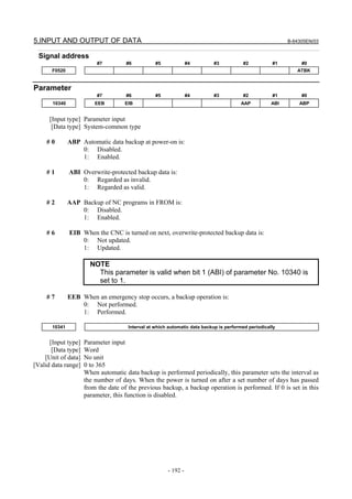 5.INPUT AND OUTPUT OF DATA B-64305EN/03
- 192 -
Signal address
#7 #6 #5 #4 #3 #2 #1 #0
F0520 ATBK
Parameter
#7 #6 #5 #4 #3 #2 #1 #0
10340 EEB EIB AAP ABI ABP
[Input type] Parameter input
[Data type] System-common type
# 0 ABP Automatic data backup at power-on is:
0: Disabled.
1: Enabled.
# 1 ABI Overwrite-protected backup data is:
0: Regarded as invalid.
1: Regarded as valid.
# 2 AAP Backup of NC programs in FROM is:
0: Disabled.
1: Enabled.
# 6 EIB When the CNC is turned on next, overwrite-protected backup data is:
0: Not updated.
1: Updated.
NOTE
This parameter is valid when bit 1 (ABI) of parameter No. 10340 is
set to 1.
# 7 EEB When an emergency stop occurs, a backup operation is:
0: Not performed.
1: Performed.
10341 Interval at which automatic data backup is performed periodically
[Input type] Parameter input
[Data type] Word
[Unit of data] No unit
[Valid data range] 0 to 365
When automatic data backup is performed periodically, this parameter sets the interval as
the number of days. When the power is turned on after a set number of days has passed
from the date of the previous backup, a backup operation is performed. If 0 is set in this
parameter, this function is disabled.
 