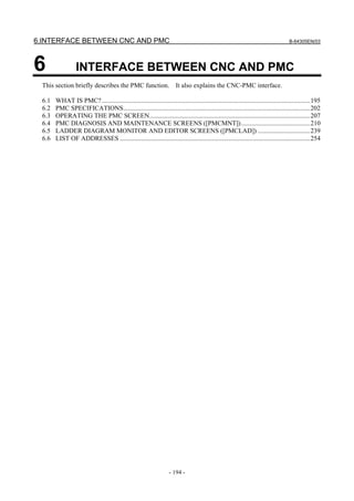 6.INTERFACE BETWEEN CNC AND PMC B-64305EN/03
- 194 -
6 INTERFACE BETWEEN CNC AND PMC
This section briefly describes the PMC function. It also explains the CNC-PMC interface.
6.1 WHAT IS PMC?...............................................................................................................................195
6.2 PMC SPECIFICATIONS..................................................................................................................202
6.3 OPERATING THE PMC SCREEN..................................................................................................207
6.4 PMC DIAGNOSIS AND MAINTENANCE SCREENS ([PMCMNT])..........................................210
6.5 LADDER DIAGRAM MONITOR AND EDITOR SCREENS ([PMCLAD]) ................................239
6.6 LIST OF ADDRESSES ....................................................................................................................254
 