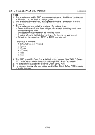 6.INTERFACE BETWEEN CNC AND PMC B-64305EN/03
- 206 -
NOTE
1 This area is reserved for PMC management software. No I/O can be allocated
in this area. Do not use it in user programs.
2 This area is reserved for PMC management software. Do not use it in user
programs.
3 This area is used to specify the precision of a variable timer.
- Don't modify the value of timer and precision except for writing same value
when working the timer.
- Don't set the value other than the following range.
- If above rules are violated, the working of the timer is not guaranteed.
- Other than the range from T9000 to T9999 are reserved.
The value of precision
0: Default (8msec or 48msec)
1: 1msec
2: 10msec
3: 100msec
4: 1sec
5: 1min
4 This PMC is used for Dual Check Safety function (option). See “FANUC Series
0i-D Dual Check Safety Connection Manual (B-64303EN-4)” for details.
5 No extra relay is available for the Dual Check Safety PMC.
6 No message display relay can not be used in Dual Check Safety PMC because
of invalid function.
 