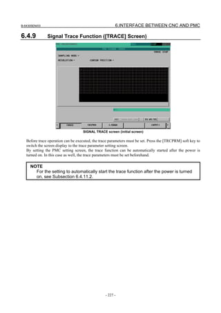 B-64305EN/03 6.INTERFACE BETWEEN CNC AND PMC
- 227 -
6.4.9 Signal Trace Function ([TRACE] Screen)
SIGNAL TRACE screen (initial screen)
Before trace operation can be executed, the trace parameters must be set. Press the [TRCPRM] soft key to
switch the screen display to the trace parameter setting screen.
By setting the PMC setting screen, the trace function can be automatically started after the power is
turned on. In this case as well, the trace parameters must be set beforehand.
NOTE
For the setting to automatically start the trace function after the power is turned
on, see Subsection 6.4.11.2.
 