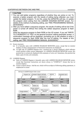 6.INTERFACE BETWEEN CNC AND PMC B-64305EN/03
- 246 -
CAUTION
1 You can edit ladder programs regardless of whether they are active or not. To
execute a ladder program with the results of editing being reflected, you must
update the ladder program. To do this, press the [UPDATE] soft key, or update
the program when exiting from the LADDER DIAGRAM EDITOR screen. For
details of the method of protecting editing, see “PMC PROGRAMMING MANUAL
(B-64393EN).”
2 After you have edited a sequence program, the results of editing will be lost if the
power is turned off without first writing the edited sequence program to flash
ROM.
Write the sequence program to flash ROM on the I/O screen. If you set "WRITE
TO F-ROM(EDIT)" to "YES" on the general functions' setting parameter screen, a
confirmation message will be displayed, prompting you to ask whether to write a
sequence program to flash ROM after the end of editing. For details of this
setting, see “PMC PROGRAMMING MANUAL (B-64393EN).”
(1) Screen structures
(a) It is basically same with LADDER DIAGRAM MONITOR screen, except that no monitor
displays of relays and parameters of functional instructions are displayed.
(b) At right side of LADDER Diagram area, a position bar is always displayed, which indicates
screen position within current subprogram: in LADDER DIAGRAM MONITOR screen, this
position bar is exclusively displayed with comments of write coil. Sometimes, this position bar
hides a part of write coil comments.
(2) LADDER Diagram
(a) Style of LADDER Diagram is basically same with LADDER DIAGRAM MONITOR screen,
except that functional instructions are drawn always in "COMPACT" format that has no
monitor displays.
(b) Cursor is shown always. And the net, which will be an object of following editing operations, is
emphasized in screen.
Abandon changes Setting screen
Cancel edit ExitRun/stop LADDER
Soft keys of LADDER Diagram Editor screen
Make changes
effectiveChange address
Display address
map display
screen
Select net Copy netDelete net Cut net Paste net
Add net
Edit new net
Change to Search soft keysProgram List Automatic input
 