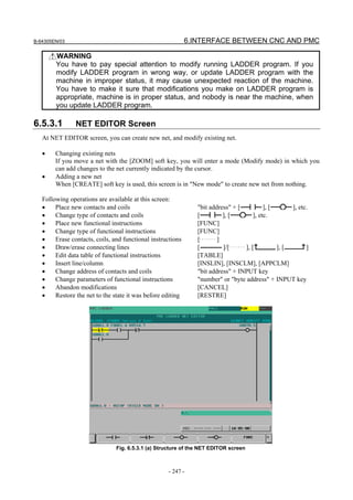 B-64305EN/03 6.INTERFACE BETWEEN CNC AND PMC
- 247 -
WARNING
You have to pay special attention to modify running LADDER program. If you
modify LADDER program in wrong way, or update LADDER program with the
machine in improper status, it may cause unexpected reaction of the machine.
You have to make it sure that modifications you make on LADDER program is
appropriate, machine is in proper status, and nobody is near the machine, when
you update LADDER program.
6.5.3.1 NET EDITOR Screen
At NET EDITOR screen, you can create new net, and modify existing net.
• Changing existing nets
If you move a net with the [ZOOM] soft key, you will enter a mode (Modify mode) in which you
can add changes to the net currently indicated by the cursor.
• Adding a new net
When [CREATE] soft key is used, this screen is in "New mode" to create new net from nothing.
Following operations are available at this screen:
• Place new contacts and coils "bit address" + [ ], [ ], etc.
• Change type of contacts and coils [ ], [ ], etc.
• Place new functional instructions [FUNC]
• Change type of functional instructions [FUNC]
• Erase contacts, coils, and functional instructions [ ]
• Draw/erase connecting lines [ ]/[ ], [ ], [ ]
• Edit data table of functional instructions [TABLE]
• Insert line/column [INSLIN], [INSCLM], [APPCLM]
• Change address of contacts and coils "bit address" + INPUT key
• Change parameters of functional instructions "number" or "byte address" + INPUT key
• Abandon modifications [CANCEL]
• Restore the net to the state it was before editing [RESTRE]
Fig. 6.5.3.1 (a) Structure of the NET EDITOR screen
 
