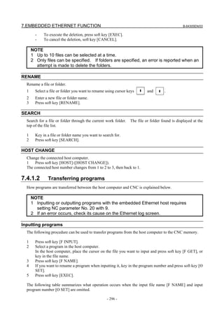 7.EMBEDDED ETHERNET FUNCTION B-64305EN/03
- 296 -
- To execute the deletion, press soft key [EXEC].
- To cancel the deletion, soft key [CANCEL].
NOTE
1 Up to 10 files can be selected at a time.
2 Only files can be specified. If folders are specified, an error is reported when an
attempt is made to delete the folders.
RENAME
Rename a file or folder.
1 Select a file or folder you want to rename using cursor keys and .
2 Enter a new file or folder name.
3 Press soft key [RENAME].
SEARCH
Search for a file or folder through the current work folder. The file or folder found is displayed at the
top of the file list.
1 Key in a file or folder name you want to search for.
2 Press soft key [SEARCH].
HOST CHANGE
Change the connected host computer.
1 Press soft key [HOST] ([HOST CHANGE]).
The connected host number changes from 1 to 2 to 3, then back to 1.
7.4.1.2 Transferring programs
How programs are transferred between the host computer and CNC is explained below.
NOTE
1 Inputting or outputting programs with the embedded Ethernet host requires
setting NC parameter No. 20 with 9.
2 If an error occurs, check its cause on the Ethernet log screen.
Inputting programs
The following procedure can be used to transfer programs from the host computer to the CNC memory.
1 Press soft key [F INPUT].
2 Select a program in the host computer.
In the host computer, place the cursor on the file you want to input and press soft key [F GET], or
key in the file name.
3 Press soft key [F NAME].
4 If you want to rename a program when inputting it, key in the program number and press soft key [O
SET].
5 Press soft key [EXEC].
The following table summarizes what operation occurs when the input file name [F NAME] and input
program number [O SET] are omitted.
 