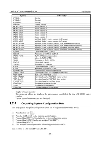 1.DISPLAY AND OPERATION B-64305EN/03
- 14 -
System Software type
SPINDLE-1 Spindle 1
SPINDLE-2 Spindle 2
SPINDLE-3 Spindle 3
GRAPHIC Graphic function
MACRO EXE1 Macro executor 1
MACRO EXE2 Macro executor 2
MACRO EXE3 Macro executor 3
MACRO EXE4 Macro executor 4
MACRO EXE5 Macro executor 5
MACRO EXE6 Macro executor 6
MACRO MGI-M MANUAL GUIDE i (macro executor for M series)
MACRO MGI-T MANUAL GUIDE i (macro executor for T series)
MACRO MG0ME MANUAL GUIDE 0i (macro executor for M series execution macro)
MACRO MG0MC MANUAL GUIDE 0i (macro executor for M series conversation macro)
MACRO MG0TE MANUAL GUIDE 0i (macro executor for T series execution macro)
MACRO MG0TC MANUAL GUIDE 0i (macro executor for T series conversation macro)
MG0ILIB Library for MANUAL GUIDE 0i
MG0IAPL Application for MANUAL GUIDE 0i
MACRO TMITE TURN MATE i (macro executor)
TMILIB Library for TURN MATE i
TMIAPL Application for TURN MATE i
CEXELIB Library for C executor
CEXEAPL Application for C executor
MGILIB Library for MANUAL GUIDE i
MGIAPL Application for MANUAL GUIDE i
NET CONTROL Communication management software
EMBED ETHER Control software for embedded Ethernet function
PROFI SOFT Software for PROFIBUS function
PROFI MASTER Control software for PROFIBUS master function
PROFI SLAVE Control software for PROFIBUS slave function
ETHER/DTSVR Control software for Fast Data Server
DEVNT SOFT Software for DeviceNet function
FL-NET Software for FL-net function
FL-NET SOFT Control software for FL-net Server
- Display of macro executor
The series and edition are displayed for each number specified at the time of P-CODE macro
creation.
Up to 6 types of macro executor are displayed.
1.2.4 Outputting System Configuration Data
Data displayed on the system configuration screen can be output to an input/output device.
(1) Press function key .
(2) Press the EDIT switch on the machine operator's panel.
(3) Press soft key [SYSTEM] to display the system configuration screen.
(4) Press soft key [(OPRT)] and select soft key [F OUTPUT].
(5) Press soft key [EXCE].
(6) Data is output to the output device selected by parameter No. 0020.
Data is output to a file named SYS_CONF.TXT.
 