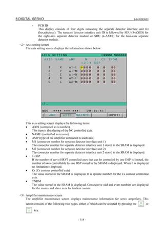 8.DIGITAL SERVO B-64305EN/03
- 318 -
- PCB ID
This display consists of four digits indicating the separate detector interface unit ID
(hexadecimal). The separate detector interface unit ID is followed by SDU (8-AXES) for
the eight-axis separate detector module or SDU (4-AXES) for the four-axis separate
detector module.
<2> Axis setting screen
The axis setting screen displays the information shown below:
This axis setting screen displays the following items:
• AXIS (controlled axis number)
This item is the placing of the NC controlled axis.
• NAME (controlled axis name)
• AMP (type of the amplifier connected to each axis)
• M1 (connector number for separate detector interface unit 1)
The connector number for separate detector interface unit 1 stored in the SRAM is displayed.
• M2 (connector number for separate detector interface unit 2)
The connector number for separate detector interface unit 2 stored in the SRAM is displayed.
• 1-DSP
If the number of servo HRV3 controlled axes that can be controlled by one DSP is limited, the
number of axes controllable by one DSP stored in the SRAM is displayed. When 0 is displayed,
no limitation is imposed.
• Cs (Cs contour controlled axis)
The value stored in the SRAM is displayed. It is spindle number for the Cs contour controlled
axis.
• TNDM
The value stored in the SRAM is displayed. Consecutive odd and even numbers are displayed
for the master and slave axes for tandem control.
<3> Amplifier maintenance screen
The amplifier maintenance screen displays maintenance information for servo amplifiers. This
screen consists of the following two pages, either of which can be selected by pressing the or
key.
 
