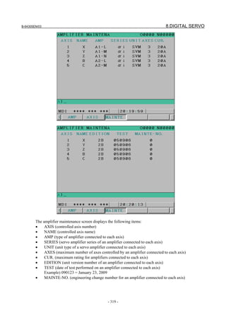 B-64305EN/03 8.DIGITAL SERVO
- 319 -
The amplifier maintenance screen displays the following items:
• AXIS (controlled axis number)
• NAME (controlled axis name)
• AMP (type of amplifier connected to each axis)
• SERIES (servo amplifier series of an amplifier connected to each axis)
• UNIT (unit type of a servo amplifier connected to each axis)
• AXES (maximum number of axes controlled by an amplifier connected to each axis)
• CUR. (maximum rating for amplifiers connected to each axis)
• EDITION (unit version number of an amplifier connected to each axis)
• TEST (date of test performed on an amplifier connected to each axis)
Example) 090123 = January 23, 2009
• MAINTE-NO. (engineering change number for an amplifier connected to each axis)
 