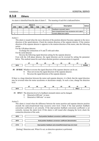 B-64305EN/03 8.DIGITAL SERVO
- 327 -
8.3.8 Others
An alarm is identified from the data of alarm 5. The meaning of each bit is indicated below.
Alarm 5
OFS MCC LDM PMS FAN DAL ABF
Description Action
1 Feedback mismatch alarm 1
1 Semi-closed/closed loop excessive error alarm 2
1 Current offset error alarm 3
Action 1:
This alarm is issued when the move direction of the position detector becomes opposite to the move
direction of the speed detector. Check the rotation direction of the separate detector. If the rotation
direction of the separate detector is opposite to the rotation direction of the motor, take the following
action:
For the A/B phase detector:
Exchange the connections of A and A with each other.
For the serial detector:
Reverse the following signal direction setting for the separate detector.
Even with the A/B phase detector, the signal direction can be reversed by setting the parameter
below. This method cannot be used when absolute position communication is required.
#7 #6 #5 #4 #3 #2 #1 #0
2018 RVRSE
#0 RVRSE Whether to reverse the signal direction of the separate detector can be set.
0: Does not reverse the signal direction of the separate detector.
1: Reverses the signal direction of the separate detector.
If there is a large distortion between the motor and separate detector, it is likely that the signal direction
may be reversed when the motor accelerates or decelerates steeply. In such a case, change the detection
level.
#7 #6 #5 #4 #3 #2 #1 #0
2018 RNLV
#1 RNLV The detection level of a feedback mismatch alarm can be changed.
0: Detected at 600 mm-1
or more
1: Detected at 1000 min-1
or more
Action 2:
This alarm is issued when the difference between the motor position and separate detector position
exceeds the semi-closed/closed loop excessive error level. Check if the dual position feedback
conversion coefficient is set correctly. If the dual position feedback conversion coefficient is set
correctly, increase the alarm level. If this alarm is still issued after changing the level, check the
connection direction of the scale.
2078 Dual position feedback conversion coefficient (numerator)
2079 Dual position feedback conversion coefficient (denominator)
2118 Dual position feedback semi-closed/full-closed loop error level
[Setting] Detection unit. When 0 is set, no detection operation is performed.
 
