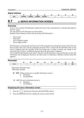B-64305EN/03 8.DIGITAL SERVO
- 333 -
Signal address
#7 #6 #5 #4 #3 #2 #1 #0
F093 SVWRN4 SVWRN3 SVWRN2 SVWRN1
8.7 αi SERVO INFORMATION SCREEN
Overview
In the αi servo system, ID information output from each of the connected units is obtained and output to
the CNC screen.
The units that have ID information are shown below.
(Remark: Some instances of these units do not have ID information.)
- Servo motor
- Pulsecoder
- Servo amplifier module
- Power supply module
ID information is automatically read from each of the connected units during first startup of the CNC and
then recorded. Next time (and the subsequent time) the CNC is started, the ID information that can be
read is compared with one recorded at the first startup time in order to monitor any change to the
connected units. (If there is a difference between them, the alarm mark (*) appears.)
The recorded ID information can be edited. Therefore, the ID information of an unit that does not have ID
information can be displayed. (However, the alarm mark (*) indicating a difference between these IDs
appears.)
Parameter
#7 #6 #5 #4 #3 #2 #1 #0
13112 SVI IDW
[Input type] Parameter input
[Data type] Bit path
#0 IDW Editing on the servo or spindle information screen is:
0: Prohibited.
1: Not prohibited.
#1 SVI The servo information screen is:
0: Displayed.
1: Not displayed.
Displaying the servo information screen
1 Press the function key, then press the [SYSTEM] soft key.
2 Press the [SERVO] soft key to display the screen as shown below.
 