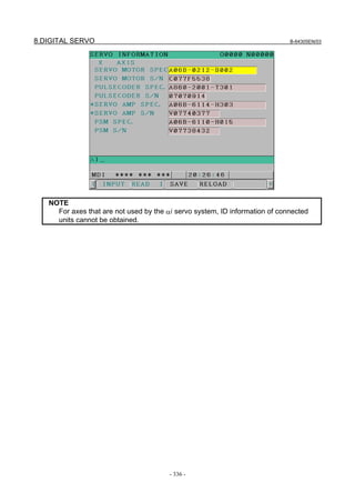 8.DIGITAL SERVO B-64305EN/03
- 336 -
NOTE
For axes that are not used by the αi servo system, ID information of connected
units cannot be obtained.
 