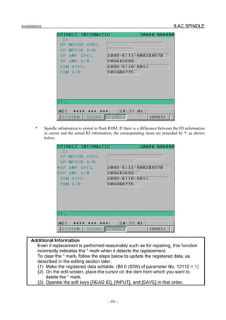 B-64305EN/03 9.AC SPINDLE
- 351 -
* Spindle information is stored in flash ROM. If there is a difference between the ID information
in screen and the actual ID information, the corresponding items are preceded by *, as shown
below.
Additional Information
Even if replacement is performed reasonably such as for repairing, this function
incorrectly indicates the * mark when it detects the replacement.
To clear the * mark, follow the steps below to update the registered data, as
described in the editing section later.
(1) Make the registered data editable. (Bit 0 (IDW) of parameter No. 13112 = 1)
(2) On the edit screen, place the cursor on the item from which you want to
delete the * mark.
(3) Operate the soft keys [READ ID], [INPUT], and [SAVE] in that order.
 