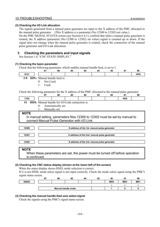 10.TROUBLESHOOTING B-64305EN/03
- 364 -
(3) Checking the I/O Link allocation
The signals generated from a manual pulse generator are input to the X address of the PMC allocated to
the manual pulse generator. (This X address is a parameter (No.12300 to 12302) set value.)
On the PMC SIGNAL STATUS screen (see Section 6.4.1), confirm that when a manual pulse generator is
rotated, the X address (parameter (No.12300 to 12302) set value) signal is counted up or down. If the
signal does not change when the manual pulse generator is rotated, check the connection of the manual
pulse generator and I/O Link allocation.
3 Checking the parameters and input signals
See Section 1.4, “CNC STATE DISPLAY.”
(1) Checking the basic parameter
Check that the following parameter, which enables manual handle feed, is set to 1.
#7 #6 #5 #4 #3 #2 #1 #0
8131 HPG
# 0 HPG Manual handle feed is:
0: Not Used.
1: Used.
Check the following parameter for the X address of the PMC allocated to the manual pulse generator.
#7 #6 #5 #4 #3 #2 #1 #0
7105 HDX
#1 HDX Manual handle for I/O Link connection is:
0: Automatically set.
1: Manually set.
NOTE
In manual setting, parameters Nos.12300 to 12302 must be set by manual to
connect Manual Pulse Generator with I/O Link.
12300 X address of the 1st. manual pulse generator
12301 X address of the 2nd. manual pulse generator
12302 X address of the 3rd. manual pulse generator
NOTE
When these parameters are set, the power must be turned off before operation
is continued.
(2) Checking the CNC status display (shown at the lower-left of the screen)
When the status display shows HND, mode selection is correct.
If it is not HND, mode select signal is not input correctly. Check the mode select signal using the PMC's
signal status screen.
#7 #6 #5 #4 #3 #2 #1 #0
G0043 MD4 MD2 MD1
↓ ↓ ↓
Manual handle mode 1 0 0
(3) Checking the manual handle feed axis select signal
Check the signals using the PMC's signal status screen.
 