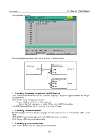 B-64305EN/03 10.TROUBLESHOOTING
- 375 -
<Screen display example>
This example indicates that the I/O Link is as shown in the figure below.
Control unit
I/O module for
connector panel
Operator's panel I/O
module
Group 0
Group 1
JD51A
- Checking the power supplies of the I/O devices
Check that the connected I/O devices are connected properly to the power supplies and that the voltages
are as prescribed.
Check that the power-on sequence is correct.
<Time at which an I/O device is to be turned on>
Before the CNC is turned on or within 500 ms after the CNC is turned on
If the CNC is turned off, the I/O device needs to be turned off once.
- Checking cable connection
As in the example shown on the previous page, I/O Link cables are used to connect JD1A (JD51A) and
JD1B.
JD1A (JD51A) represents an upper unit while JD1B represents a lower unit.
Check that the cables are connected correctly.
- Checking ground connection
Check that the ground wires are connected and are not loose.
 