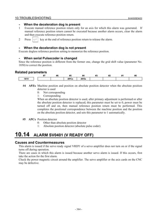 10.TROUBLESHOOTING B-64305EN/03
- 384 -
- When the deceleration dog is present
1 Execute manual reference position return only for an axis for which this alarm was generated. If
manual reference position return cannot be executed because another alarm occurs, clear the alarm
and then execute reference position return.
2 Press key at the end of reference position return to release the alarm.
- When the deceleration dog is not present
Execute dogless reference position setting to memorize the reference position.
- When serial Pulsecoder is changed
Since the reference position is different from the former one, change the grid shift value (parameter No.
1850) to correct the position.
Related parameters
#7 #6 #5 #4 #3 #2 #1 #0
1815 APCx APZx
#4 APZx Machine position and position on absolute position detector when the absolute position
detector is used
0: Not corresponding
1: Corresponding
When an absolute position detector is used, after primary adjustment is performed or after
the absolute position detector is replaced, this parameter must be set to 0, power must be
turned off and on, then manual reference position return must be performed. This
completes the positional correspondence between the machine position and the position
on the absolute position detector, and sets this parameter to 1 automatically.
#5 APCx Position detector
0: Other than absolute position detector
1: Absolute position detector (absolute pulse coder)
10.14 ALARM SV0401 (V READY OFF)
Causes and Countermeasures
This alarm is issued if the servo ready signal VRDY of a servo amplifier does not turn on or if the signal
turns off during operation.
There are cases in which this alarm is issued because another servo alarm is issued. If this occurs, first
take the action for the first alarm.
Check the power magnetic circuit around the amplifier. The servo amplifier or the axis cards on the CNC
may be defective.
 
