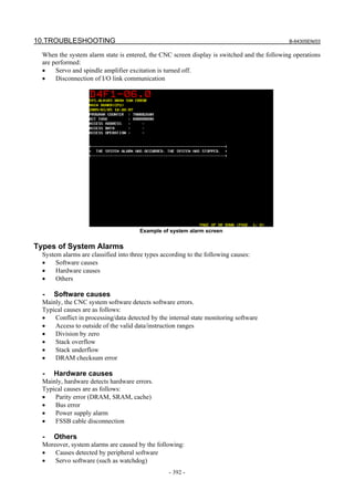 10.TROUBLESHOOTING B-64305EN/03
- 392 -
When the system alarm state is entered, the CNC screen display is switched and the following operations
are performed:
• Servo and spindle amplifier excitation is turned off.
• Disconnection of I/O link communication
Example of system alarm screen
Types of System Alarms
System alarms are classified into three types according to the following causes:
• Software causes
• Hardware causes
• Others
- Software causes
Mainly, the CNC system software detects software errors.
Typical causes are as follows:
• Conflict in processing/data detected by the internal state monitoring software
• Access to outside of the valid data/instruction ranges
• Division by zero
• Stack overflow
• Stack underflow
• DRAM checksum error
- Hardware causes
Mainly, hardware detects hardware errors.
Typical causes are as follows:
• Parity error (DRAM, SRAM, cache)
• Bus error
• Power supply alarm
• FSSB cable disconnection
- Others
Moreover, system alarms are caused by the following:
• Causes detected by peripheral software
• Servo software (such as watchdog)
 