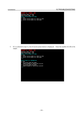 B-64305EN/03 10.TROUBLESHOOTING
- 395 -
5. If 1 is selected in step 4, a list of saved system alarms is displayed. Enter the number of a file to be
output.
 