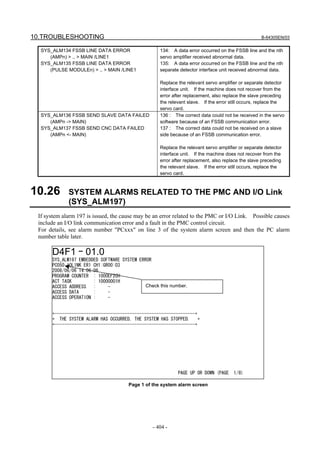 10.TROUBLESHOOTING B-64305EN/03
- 404 -
SYS_ALM134 FSSB LINE DATA ERROR
(AMPn) > .. > MAIN /LINE1
SYS_ALM135 FSSB LINE DATA ERROR
(PULSE MODULEn) > .. > MAIN /LINE1
134: A data error occurred on the FSSB line and the nth
servo amplifier received abnormal data.
135: A data error occurred on the FSSB line and the nth
separate detector interface unit received abnormal data.
Replace the relevant servo amplifier or separate detector
interface unit. If the machine does not recover from the
error after replacement, also replace the slave preceding
the relevant slave. If the error still occurs, replace the
servo card.
SYS_ALM136 FSSB SEND SLAVE DATA FAILED
(AMPn -> MAIN)
SYS_ALM137 FSSB SEND CNC DATA FAILED
(AMPn <- MAIN)
136 : The correct data could not be received in the servo
software because of an FSSB communication error.
137 : The correct data could not be received on a slave
side because of an FSSB communication error.
Replace the relevant servo amplifier or separate detector
interface unit. If the machine does not recover from the
error after replacement, also replace the slave preceding
the relevant slave. If the error still occurs, replace the
servo card.
10.26 SYSTEM ALARMS RELATED TO THE PMC AND I/O Link
(SYS_ALM197)
If system alarm 197 is issued, the cause may be an error related to the PMC or I/O Link. Possible causes
include an I/O link communication error and a fault in the PMC control circuit.
For details, see alarm number "PCxxx" on line 3 of the system alarm screen and then the PC alarm
number table later.
Page 1 of the system alarm screen
D4F1 ｰ 01.0
SYS_ALM197 EMBEDDED SOFTWARE SYSTEM ERROR
PC050 IOLINK ER1 CH1:GR00:03
2008/06/06 14:06:06
PROGRAM COUNTER : 1000EF2CH
ACT TASK : 10000001H
ACCESS ADDRESS : -
ACCESS DATA : -
ACCESS OPERATION : -
+----------------------------------------------------------+
+ THE SYSTEM ALARM HAS OCCURRED, THE SYSTEM HAS STOPPED. +
+----------------------------------------------------------+
PAGE UP OR DOWN (PAGE 1/8)
Check this number.
 
