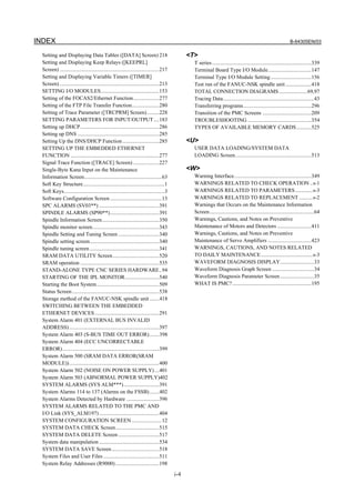 INDEX B-64305EN/03
i-4
Setting and Displaying Data Tables ([DATA] Screen) 218
Setting and Displaying Keep Relays ([KEEPRL]
Screen) .........................................................................217
Setting and Displaying Variable Timers ([TIMER]
Screen) .........................................................................213
SETTING I/O MODULES...........................................153
Setting of the FOCAS2/Ethernet Function...................277
Setting of the FTP File Transfer Function....................280
Setting of Trace Parameter ([TRCPRM] Screen).........228
SETTING PARAMETERS FOR INPUT/OUTPUT....183
Setting up DHCP..........................................................286
Setting up DNS ............................................................285
Setting Up the DNS/DHCP Function...........................285
SETTING UP THE EMBEDDED ETHERNET
FUNCTION .................................................................277
Signal Trace Function ([TRACE] Screen) ...................227
Single-Byte Kana Input on the Maintenance
Information Screen.........................................................63
Soft Key Structure............................................................1
Soft Keys..........................................................................3
Software Configuration Screen ......................................13
SPC ALARMS (SV03**) ............................................391
SPINDLE ALARMS (SP90**)....................................391
Spindle Information Screen..........................................350
Spindle monitor screen.................................................343
Spindle Setting and Tuning Screen ..............................340
Spindle setting screen...................................................340
Spindle tuning screen ...................................................341
SRAM DATA UTILITY Screen..................................520
SRAM operation ..........................................................535
STAND-ALONE TYPE CNC SERIES HARDWARE..94
STARTING OF THE IPL MONITOR.........................540
Starting the Boot System..............................................509
Status Screen................................................................538
Storage method of the FANUC-NSK spindle unit .......418
SWITCHING BETWEEN THE EMBEDDED
ETHERNET DEVICES ...............................................291
System Alarm 401 (EXTERNAL BUS INVALID
ADDRESS) ..................................................................397
System Alarm 403 (S-BUS TIME OUT ERROR).......398
System Alarm 404 (ECC UNCORRECTABLE
ERROR).......................................................................399
System Alarm 500 (SRAM DATA ERROR(SRAM
MODULE))..................................................................400
System Alarm 502 (NOISE ON POWER SUPPLY) ...401
System Alarm 503 (ABNORMAL POWER SUPPLY)402
SYSTEM ALARMS (SYS ALM***)..........................391
System Alarms 114 to 137 (Alarms on the FSSB).......402
System Alarms Detected by Hardware ........................396
SYSTEM ALARMS RELATED TO THE PMC AND
I/O Link (SYS_ALM197) ............................................404
SYSTEM CONFIGURATION SCREEN ......................12
SYSTEM DATA CHECK Screen................................515
SYSTEM DATA DELETE Screen ..............................517
System data manipulation ............................................534
SYSTEM DATA SAVE Screen...................................518
System Files and User Files .........................................511
System Relay Addresses (R9000)................................198
<T>
T series.........................................................................339
Terminal Board Type I/O Module................................147
Terminal Type I/O Module Setting..............................156
Test run of the FANUC-NSK spindle unit ...................418
TOTAL CONNECTION DIAGRAMS.....................69,97
Tracing Data...................................................................43
Transferring programs..................................................296
Transition of the PMC Screens ....................................209
TROUBLESHOOTING ...............................................354
TYPES OF AVAILABLE MEMORY CARDS...........525
<U>
USER DATA LOADING/SYSTEM DATA
LOADING Screen........................................................513
<W>
Warning Interface.........................................................349
WARNINGS RELATED TO CHECK OPERATION ..s-1
WARNINGS RELATED TO PARAMETERS.............s-3
WARNINGS RELATED TO REPLACEMENT ..........s-2
Warnings that Occurs on the Maintenance Information
Screen.............................................................................64
Warnings, Cautions, and Notes on Preventive
Maintenance of Motors and Detectors .........................411
Warnings, Cautions, and Notes on Preventive
Maintenance of Servo Amplifiers ................................423
WARNINGS, CAUTIONS, AND NOTES RELATED
TO DAILY MAINTENANCE......................................s-3
WAVEFORM DIAGNOSIS DISPLAY.........................33
Waveform Diagnosis Graph Screen ...............................34
Waveform Diagnosis Parameter Screen.........................35
WHAT IS PMC?..........................................................195
 