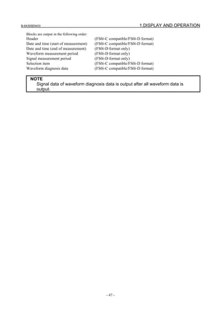 B-64305EN/03 1.DISPLAY AND OPERATION
- 47 -
Blocks are output in the following order:
Header (FS0i-C compatible/FS0i-D format)
Date and time (start of measurement) (FS0i-C compatible/FS0i-D format)
Date and time (end of measurement) (FS0i-D format only)
Waveform measurement period (FS0i-D format only)
Signal measurement period (FS0i-D format only)
Selection item (FS0i-C compatible/FS0i-D format)
Waveform diagnosis data (FS0i-C compatible/FS0i-D format)
NOTE
Signal data of waveform diagnosis data is output after all waveform data is
output.
 