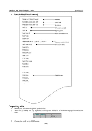 1.DISPLAY AND OPERATION B-64305EN/03
- 48 -
- Sample file (FS0i-D format)
Outputting a file
1 Display the waveform diagnosis graph screen.
2 When the [(OPRT)] soft key is pressed, soft keys are displayed in the following operation selection
state:
3 Change the mode to the EDIT mode.
T01WAVE DIAGNOSE
T69D20040101,120125
T92D20040101,120130
T90D2
T91D4
T68P0D1,2
T68P4D1
T68P10D1
T68P30DG0010.4,G0010.5,G0010.6
T60D643,6420
T64D270
T75D1855
T60D673,6451
T64D265
T75D1855
T60D702,6480
T64D268
T75D1855
:
T75D1855
T98D0,0,1
T98D0,0,1
T98D0,0,1
:
Header
Start time
End time
Waveform period
Signal period
Measurement item/axis
Measurement item/signal
Waveform data
Signal data
 