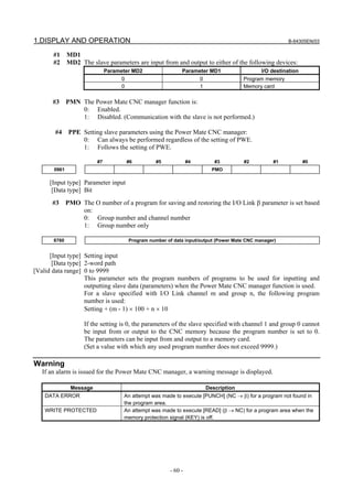 1.DISPLAY AND OPERATION B-64305EN/03
- 60 -
#1 MD1
#2 MD2 The slave parameters are input from and output to either of the following devices:
Parameter MD2 Parameter MD1 I/O destination
0 0 Program memory
0 1 Memory card
#3 PMN The Power Mate CNC manager function is:
0: Enabled.
1: Disabled. (Communication with the slave is not performed.)
#4 PPE Setting slave parameters using the Power Mate CNC manager:
0: Can always be performed regardless of the setting of PWE.
1: Follows the setting of PWE.
#7 #6 #5 #4 #3 #2 #1 #0
0961 PMO
[Input type] Parameter input
[Data type] Bit
#3 PMO The O number of a program for saving and restoring the I/O Link β parameter is set based
on:
0: Group number and channel number
1: Group number only
8760 Program number of data input/output (Power Mate CNC manager)
[Input type] Setting input
[Data type] 2-word path
[Valid data range] 0 to 9999
This parameter sets the program numbers of programs to be used for inputting and
outputting slave data (parameters) when the Power Mate CNC manager function is used.
For a slave specified with I/O Link channel m and group n, the following program
number is used:
Setting + (m - 1) × 100 + n × 10
If the setting is 0, the parameters of the slave specified with channel 1 and group 0 cannot
be input from or output to the CNC memory because the program number is set to 0.
The parameters can be input from and output to a memory card.
(Set a value with which any used program number does not exceed 9999.)
Warning
If an alarm is issued for the Power Mate CNC manager, a warning message is displayed.
Message Description
DATA ERROR An attempt was made to execute [PUNCH] (NC → β) for a program not found in
the program area.
WRITE PROTECTED An attempt was made to execute [READ] (β → NC) for a program area when the
memory protection signal (KEY) is off.
 