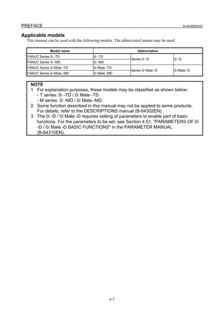 PREFACE B-64305EN/03
p-2
Applicable models
This manual can be used with the following models. The abbreviated names may be used.
Model name Abbreviation
FANUC Series 0i -TD 0i -TD
FANUC Series 0i -MD 0i -MD
Series 0i -D 0i -D
FANUC Series 0i Mate -TD 0i Mate -TD
FANUC Series 0i Mate -MD 0i Mate -MD
Series 0i Mate -D 0i Mate -D
NOTE
1 For explanation purposes, these models may be classified as shown below:
- T series: 0i -TD / 0i Mate -TD
- M series: 0i -MD / 0i Mate -MD
2 Some function described in this manual may not be applied to some products.
For details, refer to the DESCRIPTIONS manual (B-64302EN).
3 The 0i -D / 0i Mate -D requires setting of parameters to enable part of basic
functions. For the parameters to be set, see Section 4.51, "PARAMETERS OF 0i
-D / 0i Mate -D BASIC FUNCTIONS" in the PARAMETER MANUAL
(B-64310EN).
 