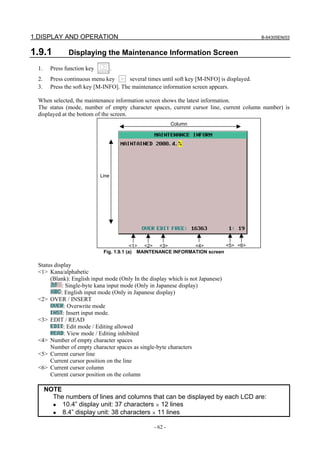 1.DISPLAY AND OPERATION B-64305EN/03
- 62 -
1.9.1 Displaying the Maintenance Information Screen
1. Press function key .
2. Press continuous menu key several times until soft key [M-INFO] is displayed.
3. Press the soft key [M-INFO]. The maintenance information screen appears.
When selected, the maintenance information screen shows the latest information.
The status (mode, number of empty character spaces, current cursor line, current column number) is
displayed at the bottom of the screen.
Fig. 1.9.1 (a) MAINTENANCE INFORMATION screen
Status display
<1> Kana/alphabetic
(Blank): English input mode (Only In the display which is not Japanese)
: Single-byte kana input mode (Only in Japanese display)
: English input mode (Only in Japanese display)
<2> OVER / INSERT
: Overwrite mode
: Insert input mode.
<3> EDIT / READ
: Edit mode / Editing allowed
: View mode / Editing inhibited
<4> Number of empty character spaces
Number of empty character spaces as single-byte characters
<5> Current cursor line
Current cursor position on the line
<6> Current cursor column
Current cursor position on the column
NOTE
The numbers of lines and columns that can be displayed by each LCD are:
• 10.4” display unit: 37 characters × 12 lines
• 8.4” display unit: 38 characters × 11 lines
Column
Line
<1> <2> <3> <4> <5> <6>
 