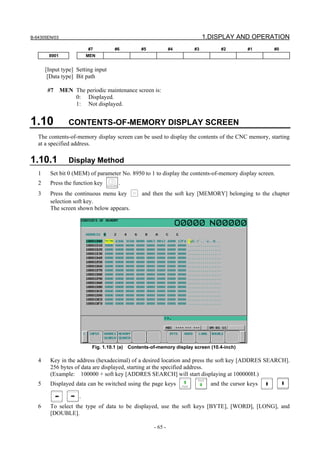 B-64305EN/03 1.DISPLAY AND OPERATION
- 65 -
#7 #6 #5 #4 #3 #2 #1 #0
8901 MEN
[Input type] Setting input
[Data type] Bit path
#7 MEN The periodic maintenance screen is:
0: Displayed.
1: Not displayed.
1.10 CONTENTS-OF-MEMORY DISPLAY SCREEN
The contents-of-memory display screen can be used to display the contents of the CNC memory, starting
at a specified address.
1.10.1 Display Method
1 Set bit 0 (MEM) of parameter No. 8950 to 1 to display the contents-of-memory display screen.
2 Press the function key .
3 Press the continuous menu key and then the soft key [MEMORY] belonging to the chapter
selection soft key.
The screen shown below appears.
Fig. 1.10.1 (a) Contents-of-memory display screen (10.4-inch)
4 Key in the address (hexadecimal) of a desired location and press the soft key [ADDRES SEARCH].
256 bytes of data are displayed, starting at the specified address.
(Example: 100000 + soft key [ADDRES SEARCH] will start displaying at 100000H.)
5 Displayed data can be switched using the page keys and the cursor keys
.
6 To select the type of data to be displayed, use the soft keys [BYTE], [WORD], [LONG], and
[DOUBLE].
 