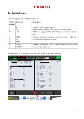 37
5.2 Position Registers
Position Registers are used to store positions
Position
Register
Comment Description
11
to
30
A1
to
-D4
Locations of the holes in the tray.
Note that these are calculated values, not taught values.
PR[11] was taught, then the other PR[]s were calculated relative
to it.
31
to
39
Mid 1
to
Mid 9
‘Random’ positions in middle of board – not in holes – robot will
find actual position using iRVision
40
41
ToolOff
ToolOff1
These are Tool Offsets, used to create the motion above / to the
pick and place locations.
The Registers can be displayed using the ‘Data’ button on the Teach Pendant:
 