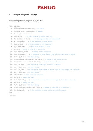 41
6.2 Sample Program Listings
This is listing of main program “AAA_DEMO”:
/PROG AAA_DEMO
1: !FANUC EUROPE EDUCATION CELL ; << Remark
2: !Example Solitaire Program ; << Remark
3: !with optional vision ;
4: CALL AA_CHK ; << Call program to check Start OK
5: R[1:Continue Cycle]=1 ; << Set Register to run continuously
6: R[2:In Cycle]=1 ; << Set Register to show status
7: CALL AA_OVRD ; << Call program to set Override %
8: CALL HAND_OPEN ; << Make sure gripper is open
9: LBL[1] ; << Label to loop up to if needed
10: CALL S_SOLIT_RESET ; << Reset status registers
11: CALL S_UNLDALL_L ; << Sequence to move pieces from Left to Right side of board
12: WAIT 2.00(sec) ; << Short delay
13: IF R[7:Vision Installed]<>1,JMP LBL[2] ; << Check if use Vision or not
14: IF R[8:Vision Enabled]<>1,JMP LBL[2] ; << Check if use Vision or not
15: CALL IRV_RAND ; << Move parts from Right of board to Middle
16: WAIT 2.00(sec) ; << Short delay
17: CALL IRV_LOAD ; << Pick parts from Middle of board using Vision and put in Left Side
18: WAIT 2.00(sec) ; << Short delay
19: JMP LBL[3] ; << Jump over next section
20: LBL[2] ; << Label for Jump
21: CALL S_UNLDALL_R ; << Sequence to move pieces from Right to Left side of board
22: LBL[3] ; << Label for Jump
23: WAIT 2.00(sec) ; << Short delay
24: IF R[1:Continue Cycle]=1,JMP LBL[1] ; << Repeat if register 1 is equal to 1
25: R[2:In Cycle]=0 ; << Set register to show status at end of program
/POS
/END /END
 