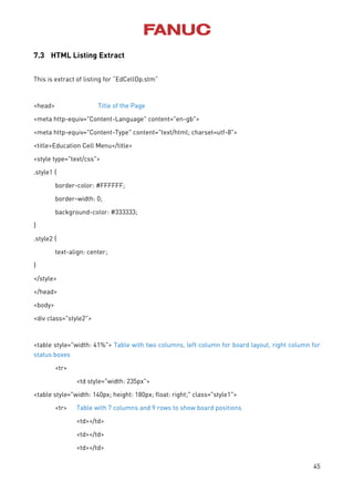 45
7.3 HTML Listing Extract
This is extract of listing for “EdCellOp.stm”
<head> Title of the Page
<meta http-equiv="Content-Language" content="en-gb">
<meta http-equiv="Content-Type" content="text/html; charset=utf-8">
<title>Education Cell Menu</title>
<style type="text/css">
.style1 {
border-color: #FFFFFF;
border-width: 0;
background-color: #333333;
}
.style2 {
text-align: center;
}
</style>
</head>
<body>
<div class="style2">
<table style="width: 41%"> Table with two columns, left column for board layout, right column for
status boxes
<tr>
<td style="width: 235px">
<table style="width: 140px; height: 180px; float: right;" class="style1">
<tr> Table with 7 columns and 9 rows to show board positions
<td></td>
<td></td>
<td></td>
 