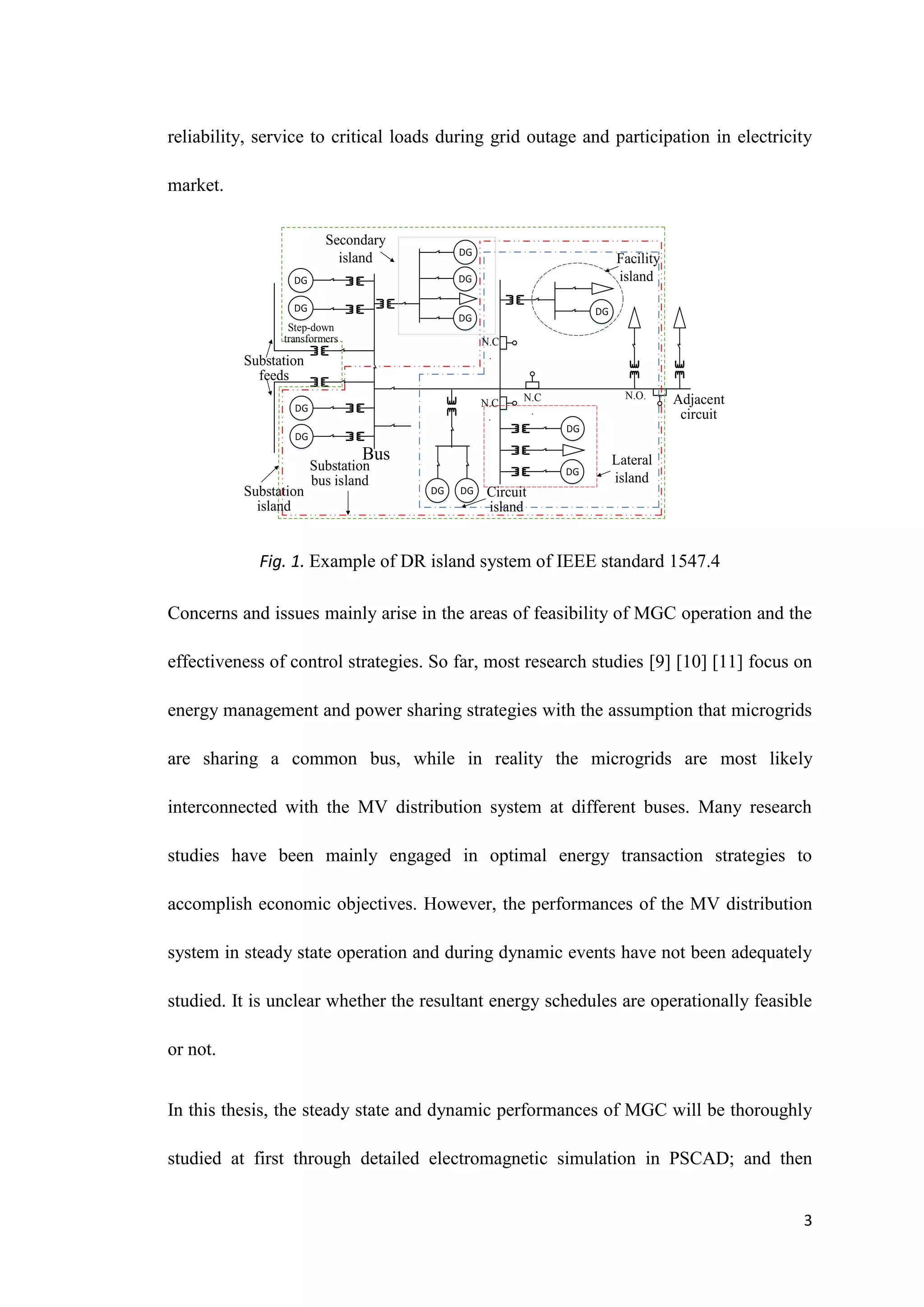 3
reliability, service to critical loads during grid outage and participation in electricity
market.
DG
Substation
feeds
Step-down
transformers
Secondary
island
Substation
bus island
Substation
island
Circuit
island
Lateral
island
N.O. Adjacent
circuit
Facility
island
Bus
N.C
.
N.C
.
N.C
.
DG
DG
DG
DG
DG DG
DG
DG
DG
DG
DG
Fig. 1. Example of DR island system of IEEE standard 1547.4
Concerns and issues mainly arise in the areas of feasibility of MGC operation and the
effectiveness of control strategies. So far, most research studies [9] [10] [11] focus on
energy management and power sharing strategies with the assumption that microgrids
are sharing a common bus, while in reality the microgrids are most likely
interconnected with the MV distribution system at different buses. Many research
studies have been mainly engaged in optimal energy transaction strategies to
accomplish economic objectives. However, the performances of the MV distribution
system in steady state operation and during dynamic events have not been adequately
studied. It is unclear whether the resultant energy schedules are operationally feasible
or not.
In this thesis, the steady state and dynamic performances of MGC will be thoroughly
studied at first through detailed electromagnetic simulation in PSCAD; and then
 