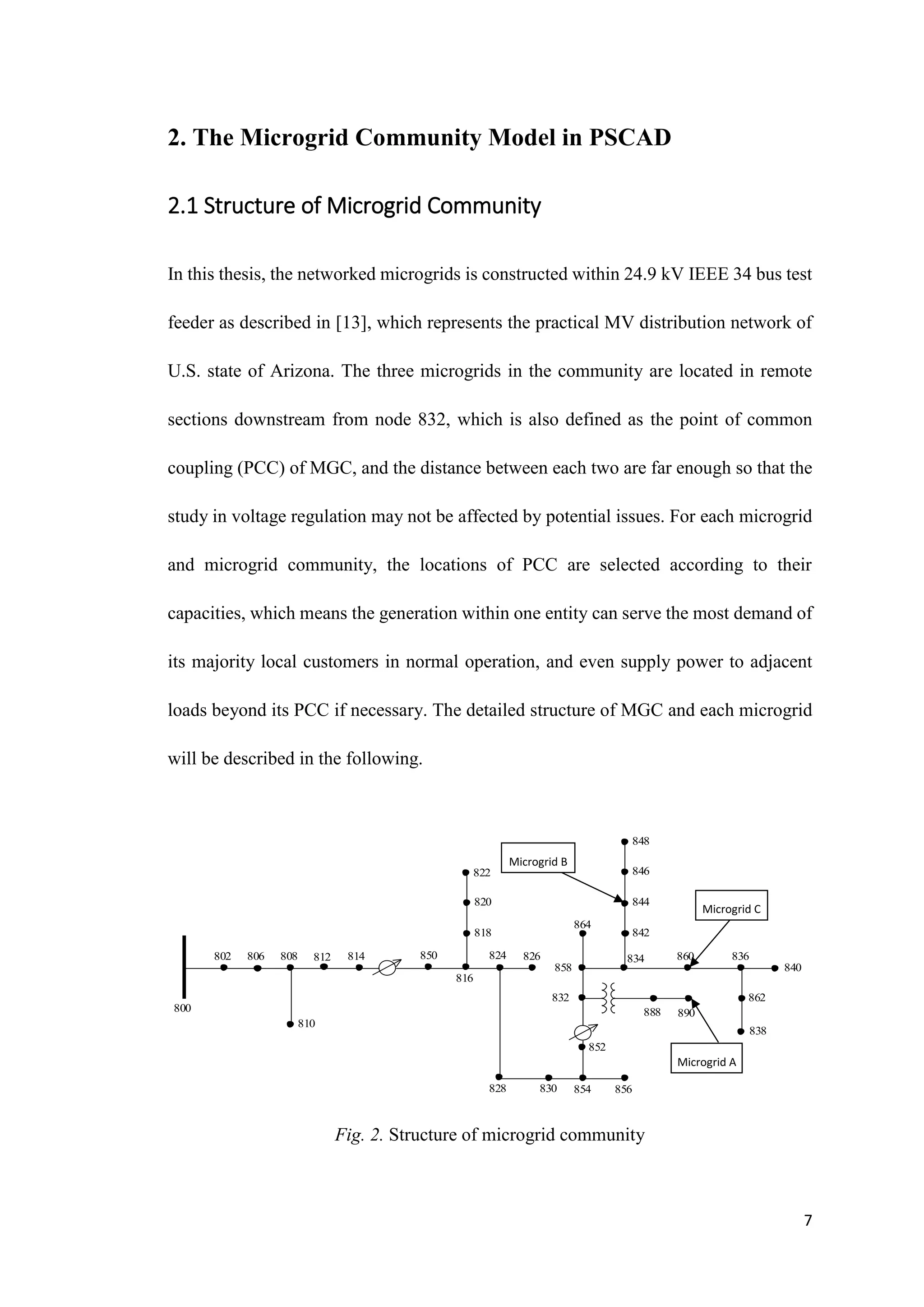 7
2. The Microgrid Community Model in PSCAD
2.1 Structure of Microgrid Community
In this thesis, the networked microgrids is constructed within 24.9 kV IEEE 34 bus test
feeder as described in [13], which represents the practical MV distribution network of
U.S. state of Arizona. The three microgrids in the community are located in remote
sections downstream from node 832, which is also defined as the point of common
coupling (PCC) of MGC, and the distance between each two are far enough so that the
study in voltage regulation may not be affected by potential issues. For each microgrid
and microgrid community, the locations of PCC are selected according to their
capacities, which means the generation within one entity can serve the most demand of
its majority local customers in normal operation, and even supply power to adjacent
loads beyond its PCC if necessary. The detailed structure of MGC and each microgrid
will be described in the following.
Fig. 2. Structure of microgrid community
800
806 808 812 814
810
802 850
818
824 826
816
820
822
828 830 854 856
852
832
888 890
838
862
840
836
860
834
842
844
846
848
864
858
Microgrid B
Microgrid C
Microgrid A
 