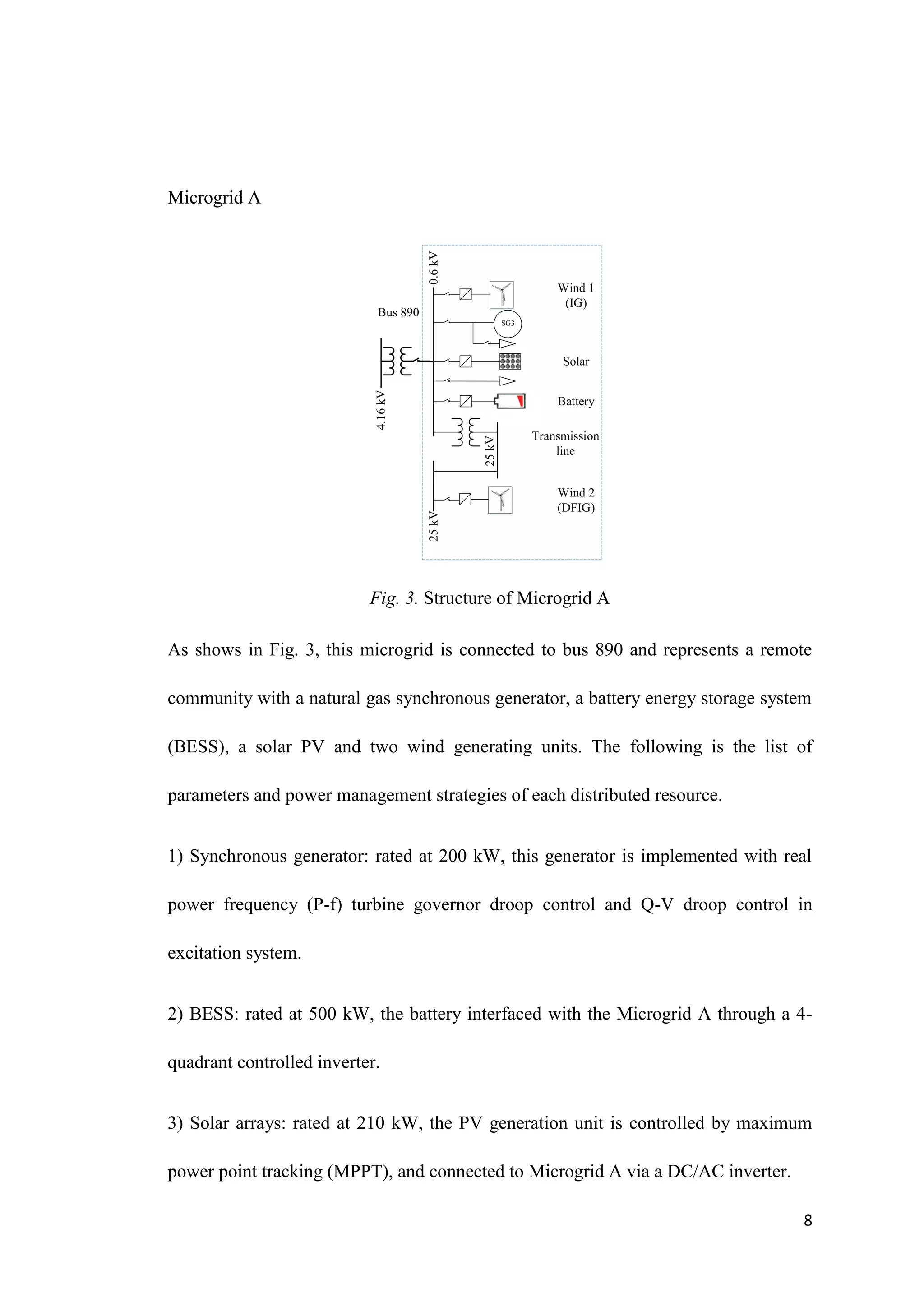 8
Microgrid A
Bus 890
Solar
SG3
Battery
Transmission
line
Wind 1
(IG)
Wind 2
(DFIG)
4.16
kV
25
kV
25
kV
0.6
kV
Fig. 3. Structure of Microgrid A
As shows in Fig. 3, this microgrid is connected to bus 890 and represents a remote
community with a natural gas synchronous generator, a battery energy storage system
(BESS), a solar PV and two wind generating units. The following is the list of
parameters and power management strategies of each distributed resource.
1) Synchronous generator: rated at 200 kW, this generator is implemented with real
power frequency (P-f) turbine governor droop control and Q-V droop control in
excitation system.
2) BESS: rated at 500 kW, the battery interfaced with the Microgrid A through a 4-
quadrant controlled inverter.
3) Solar arrays: rated at 210 kW, the PV generation unit is controlled by maximum
power point tracking (MPPT), and connected to Microgrid A via a DC/AC inverter.
 