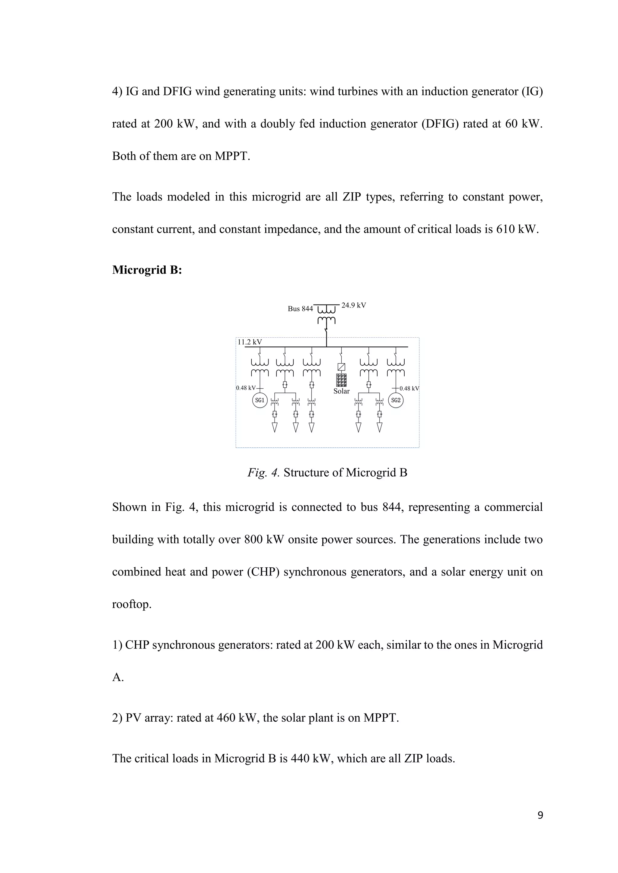 9
4) IG and DFIG wind generating units: wind turbines with an induction generator (IG)
rated at 200 kW, and with a doubly fed induction generator (DFIG) rated at 60 kW.
Both of them are on MPPT.
The loads modeled in this microgrid are all ZIP types, referring to constant power,
constant current, and constant impedance, and the amount of critical loads is 610 kW.
Microgrid B:
Bus 844
Solar
R
L
R
L
R
L
R
L
R
L
R
L
SG1 SG2
R
L
R
L 24.9 kV
11.2 kV
0.48 kV 0.48 kV
Fig. 4. Structure of Microgrid B
Shown in Fig. 4, this microgrid is connected to bus 844, representing a commercial
building with totally over 800 kW onsite power sources. The generations include two
combined heat and power (CHP) synchronous generators, and a solar energy unit on
rooftop.
1) CHP synchronous generators: rated at 200 kW each, similar to the ones in Microgrid
A.
2) PV array: rated at 460 kW, the solar plant is on MPPT.
The critical loads in Microgrid B is 440 kW, which are all ZIP loads.
 