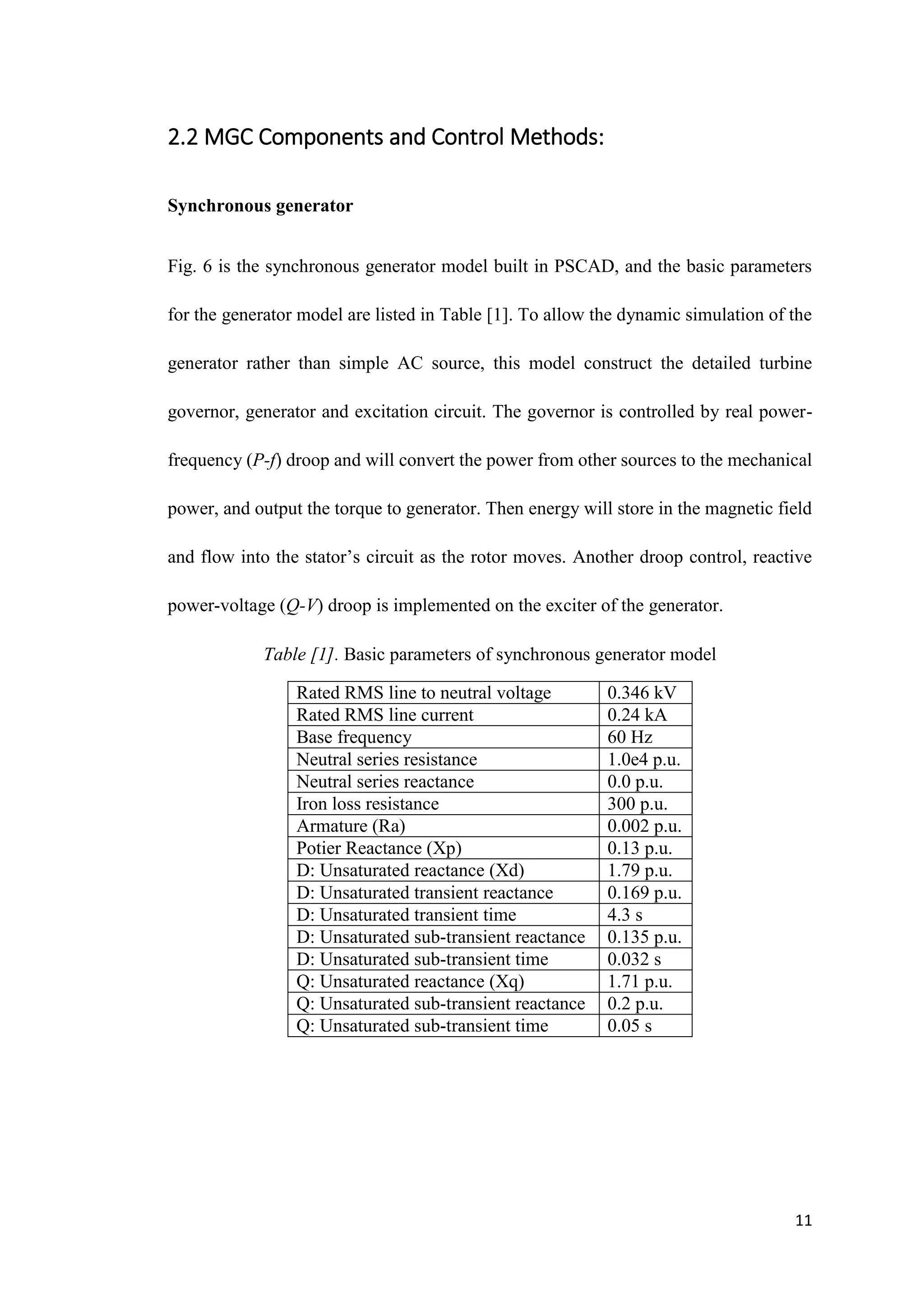 11
2.2 MGC Components and Control Methods:
Synchronous generator
Fig. 6 is the synchronous generator model built in PSCAD, and the basic parameters
for the generator model are listed in Table [1]. To allow the dynamic simulation of the
generator rather than simple AC source, this model construct the detailed turbine
governor, generator and excitation circuit. The governor is controlled by real power-
frequency (P-f) droop and will convert the power from other sources to the mechanical
power, and output the torque to generator. Then energy will store in the magnetic field
and flow into the stator’s circuit as the rotor moves. Another droop control, reactive
power-voltage (Q-V) droop is implemented on the exciter of the generator.
Table [1]. Basic parameters of synchronous generator model
Rated RMS line to neutral voltage 0.346 kV
Rated RMS line current 0.24 kA
Base frequency 60 Hz
Neutral series resistance 1.0e4 p.u.
Neutral series reactance 0.0 p.u.
Iron loss resistance 300 p.u.
Armature (Ra) 0.002 p.u.
Potier Reactance (Xp) 0.13 p.u.
D: Unsaturated reactance (Xd) 1.79 p.u.
D: Unsaturated transient reactance 0.169 p.u.
D: Unsaturated transient time 4.3 s
D: Unsaturated sub-transient reactance 0.135 p.u.
D: Unsaturated sub-transient time 0.032 s
Q: Unsaturated reactance (Xq) 1.71 p.u.
Q: Unsaturated sub-transient reactance 0.2 p.u.
Q: Unsaturated sub-transient time 0.05 s
 