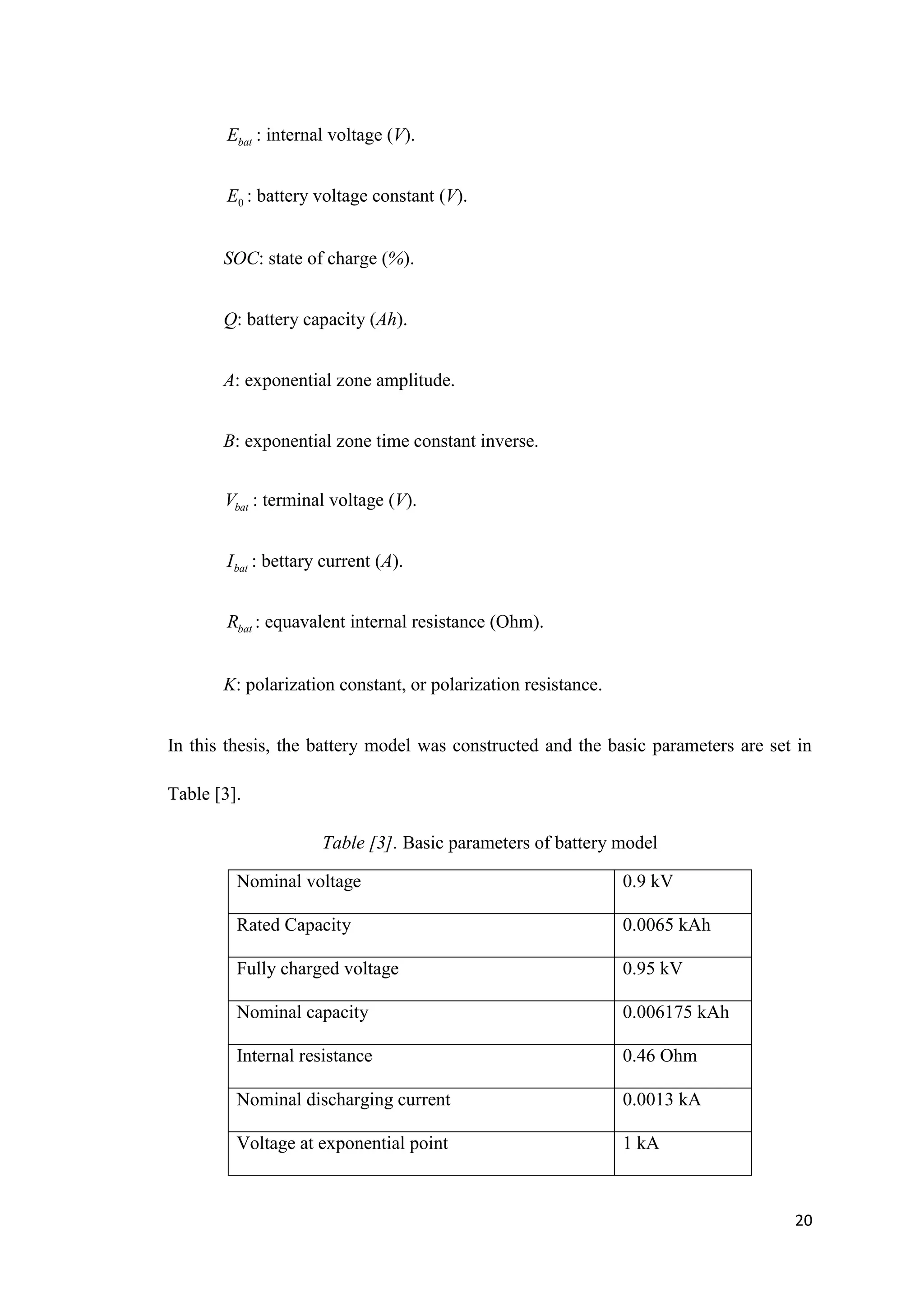 20
bat
E : internal voltage (V).
0
E : battery voltage constant (V).
SOC: state of charge (%).
Q: battery capacity (Ah).
A: exponential zone amplitude.
B: exponential zone time constant inverse.
bat
V : terminal voltage (V).
bat
I : bettary current (A).
bat
R : equavalent internal resistance (Ohm).
K: polarization constant, or polarization resistance.
In this thesis, the battery model was constructed and the basic parameters are set in
Table [3].
Table [3]. Basic parameters of battery model
Nominal voltage 0.9 kV
Rated Capacity 0.0065 kAh
Fully charged voltage 0.95 kV
Nominal capacity 0.006175 kAh
Internal resistance 0.46 Ohm
Nominal discharging current 0.0013 kA
Voltage at exponential point 1 kA
 