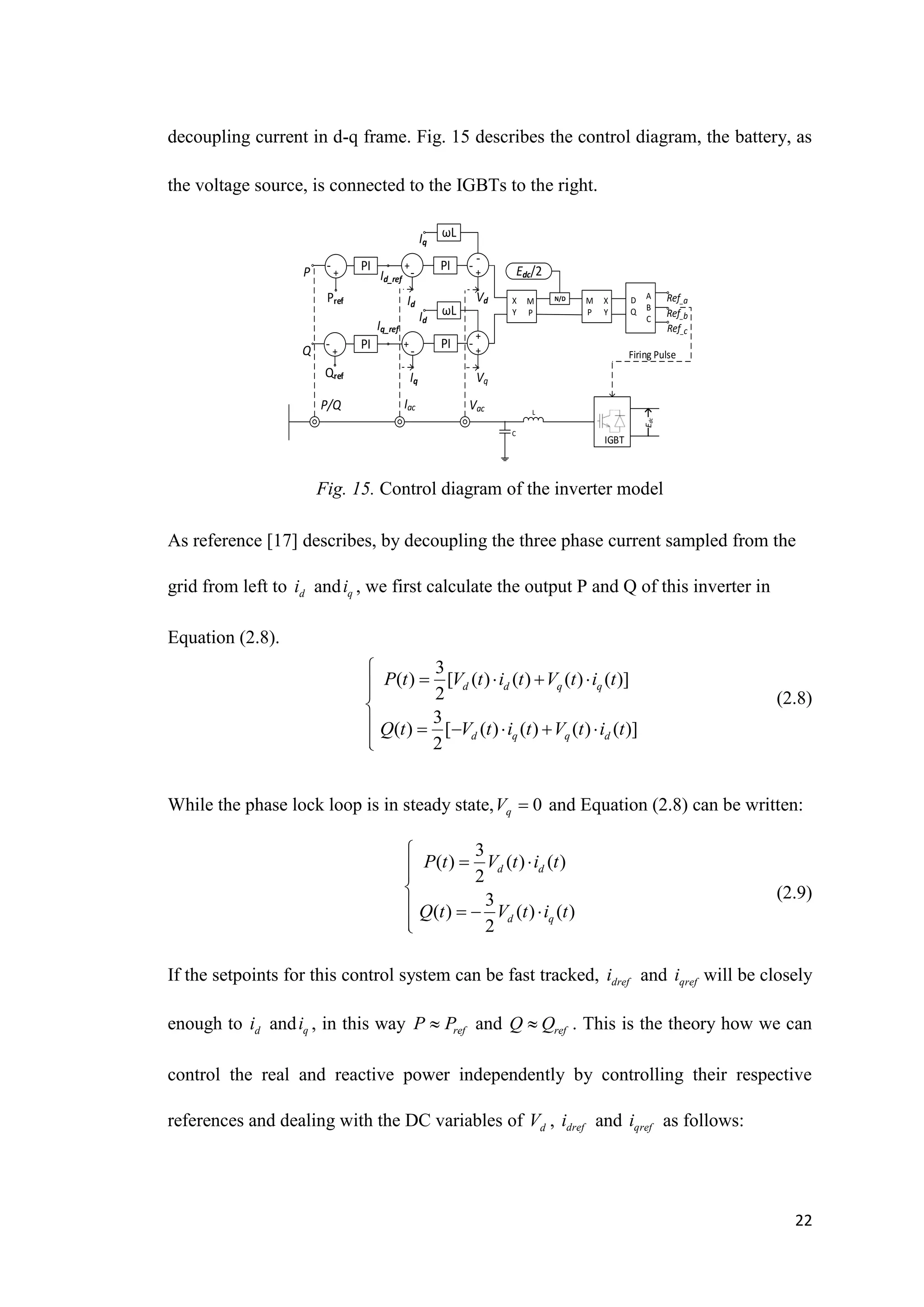22
decoupling current in d-q frame. Fig. 15 describes the control diagram, the battery, as
the voltage source, is connected to the IGBTs to the right.
Qref
- +
PI
Q
Iq_ref
-
+ PI
Iq
-
+
Vq
+
Id
ωL
Pref
- +
PI
P Id_ref
-
+ PI
Id
-
-
Vd
+
Iq
ωL
X
Y
M
P
N/D
Edc/2
X
Y
M
P
D
Q
A
B
C
Ref_a
Ref_b
Ref_c
L
C
E
dc
P/Q Iac Vac
Firing Pulse
IGBT
Fig. 15. Control diagram of the inverter model
As reference [17] describes, by decoupling the three phase current sampled from the
grid from left to d
i and q
i , we first calculate the output P and Q of this inverter in
Equation (2.8).
(2.8)
While the phase lock loop is in steady state, 0
q
V  and Equation (2.8) can be written:
(2.9)
If the setpoints for this control system can be fast tracked, dref
i and qref
i will be closely
enough to d
i and q
i , in this way ref
P P
 and ref
Q Q
 . This is the theory how we can
control the real and reactive power independently by controlling their respective
references and dealing with the DC variables of d
V , dref
i and qref
i as follows:
3
( ) [ ( ) ( ) ( ) ( )]
2
3
( ) [ ( ) ( ) ( ) ( )]
2
d d q q
d q q d
P t V t i t V t i t
Q t V t i t V t i t

   



     


3
( ) ( ) ( )
2
3
( ) ( ) ( )
2
d d
d q
P t V t i t
Q t V t i t

 



   


 