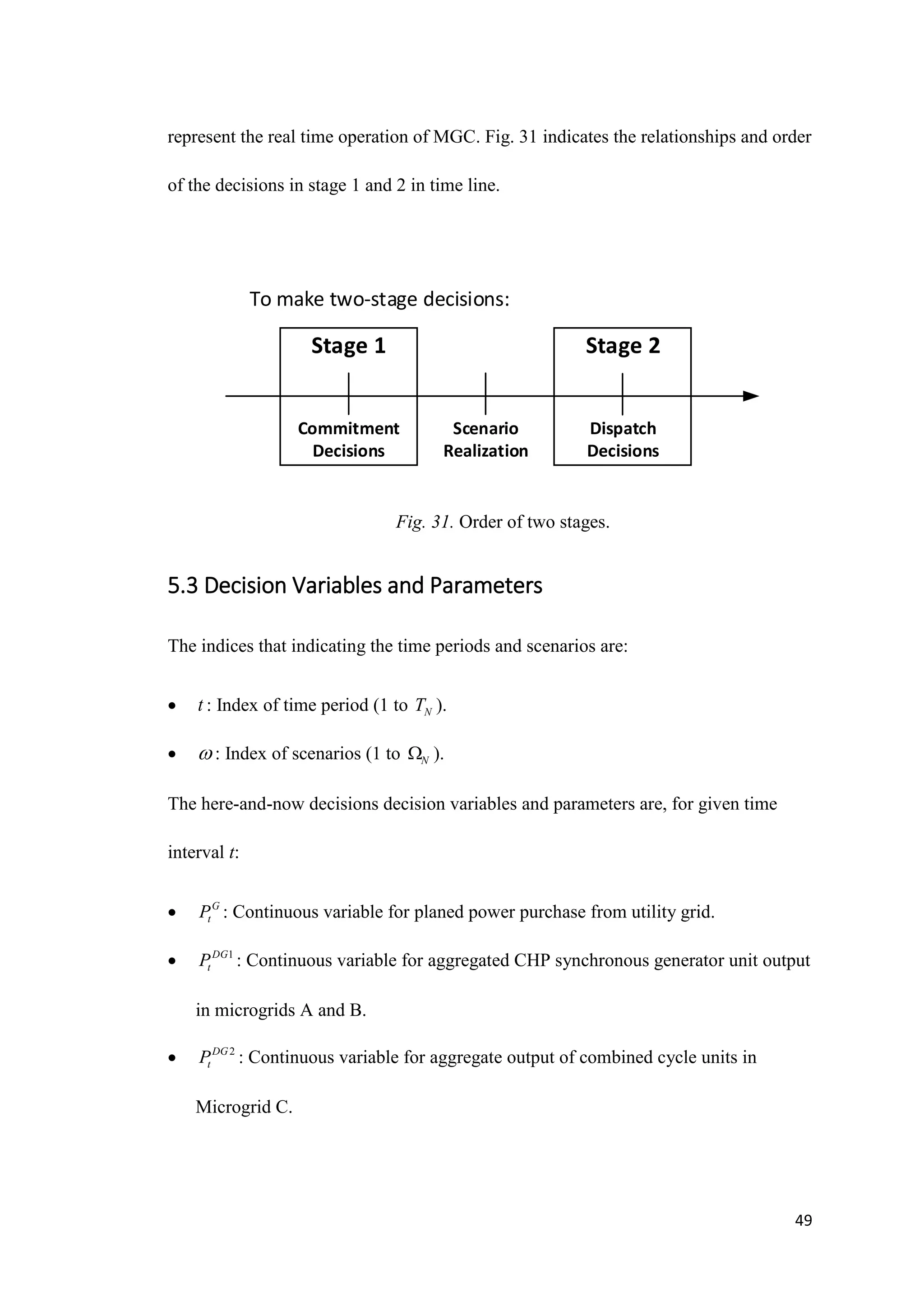 49
represent the real time operation of MGC. Fig. 31 indicates the relationships and order
of the decisions in stage 1 and 2 in time line.
To make two-stage decisions:
Stage 1 Stage 2
Commitment
Decisions
Scenario
Realization
Dispatch
Decisions
5.3 Decision Variables and Parameters
The indices that indicating the time periods and scenarios are:
 t : Index of time period (1 to N
T ).
  : Index of scenarios (1 to N
 ).
The here-and-now decisions decision variables and parameters are, for given time
interval t:
 G
t
P : Continuous variable for planed power purchase from utility grid.
 1
DG
t
P : Continuous variable for aggregated CHP synchronous generator unit output
in microgrids A and B.
 2
DG
t
P : Continuous variable for aggregate output of combined cycle units in
Microgrid C.
Fig. 31. Order of two stages.
 