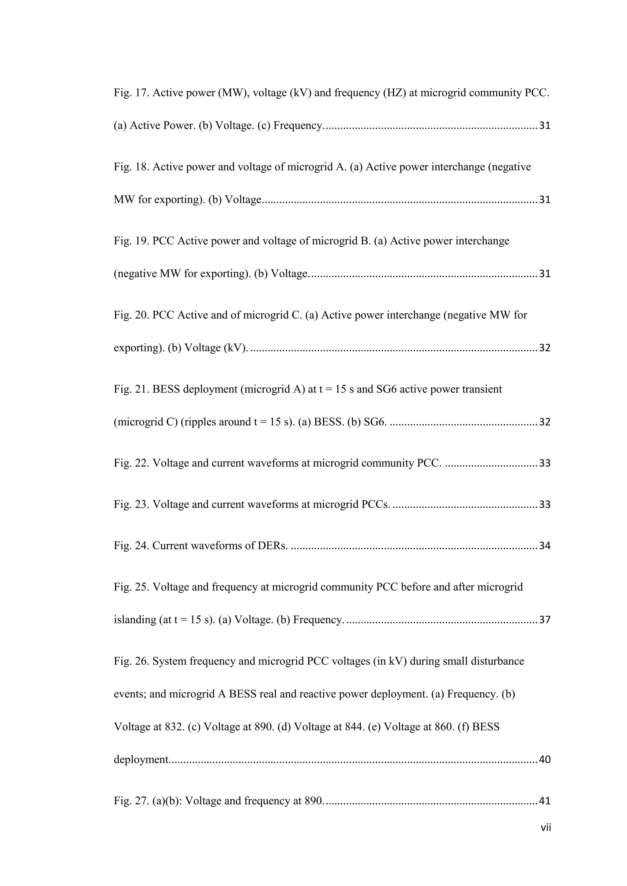 vii
Fig. 17. Active power (MW), voltage (kV) and frequency (HZ) at microgrid community PCC.
(a) Active Power. (b) Voltage. (c) Frequency..........................................................................31
Fig. 18. Active power and voltage of microgrid A. (a) Active power interchange (negative
MW for exporting). (b) Voltage...............................................................................................31
Fig. 19. PCC Active power and voltage of microgrid B. (a) Active power interchange
(negative MW for exporting). (b) Voltage...............................................................................31
Fig. 20. PCC Active and of microgrid C. (a) Active power interchange (negative MW for
exporting). (b) Voltage (kV)....................................................................................................32
Fig. 21. BESS deployment (microgrid A) at t = 15 s and SG6 active power transient
(microgrid C) (ripples around t = 15 s). (a) BESS. (b) SG6. ...................................................32
Fig. 22. Voltage and current waveforms at microgrid community PCC. ................................33
Fig. 23. Voltage and current waveforms at microgrid PCCs. ..................................................33
Fig. 24. Current waveforms of DERs. .....................................................................................34
Fig. 25. Voltage and frequency at microgrid community PCC before and after microgrid
islanding (at t = 15 s). (a) Voltage. (b) Frequency...................................................................37
Fig. 26. System frequency and microgrid PCC voltages (in kV) during small disturbance
events; and microgrid A BESS real and reactive power deployment. (a) Frequency. (b)
Voltage at 832. (c) Voltage at 890. (d) Voltage at 844. (e) Voltage at 860. (f) BESS
deployment...............................................................................................................................40
Fig. 27. (a)(b): Voltage and frequency at 890..........................................................................41
 