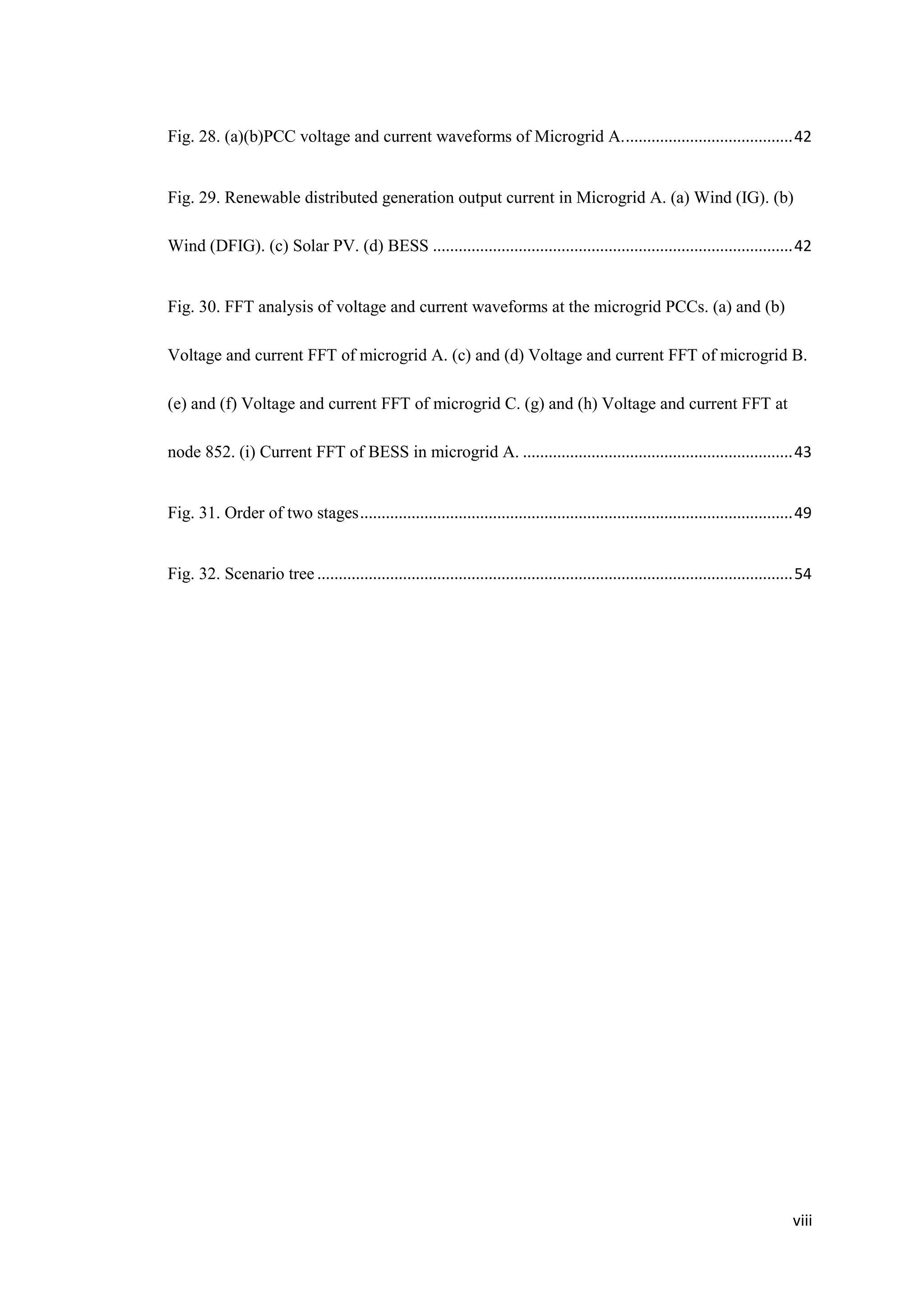 viii
Fig. 28. (a)(b)PCC voltage and current waveforms of Microgrid A........................................42
Fig. 29. Renewable distributed generation output current in Microgrid A. (a) Wind (IG). (b)
Wind (DFIG). (c) Solar PV. (d) BESS ....................................................................................42
Fig. 30. FFT analysis of voltage and current waveforms at the microgrid PCCs. (a) and (b)
Voltage and current FFT of microgrid A. (c) and (d) Voltage and current FFT of microgrid B.
(e) and (f) Voltage and current FFT of microgrid C. (g) and (h) Voltage and current FFT at
node 852. (i) Current FFT of BESS in microgrid A. ...............................................................43
Fig. 31. Order of two stages.....................................................................................................49
Fig. 32. Scenario tree ...............................................................................................................54
 