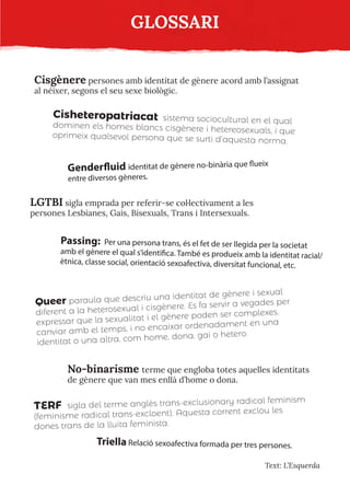 GLOSSARI
Cisgènere persones amb identitat de gènere acord amb l’assignat
al néixer, segons el seu sexe biològic.
Cisheteropatriacat sistema sociocultural en el qual
dominen els homes blancs cisgènere i hetereosexuals, i que
oprimeix qualsevol persona que se surti d’aquesta norma.
LGTBI sigla emprada per referir-se col·lectivament a les
persones Lesbianes, Gais, Bisexuals, Trans i Intersexuals.
Queer paraula que descriu una identitat de gènere i sexual
diferent a la heterosexual i cisgènere. Es fa servir a vegades per
expressar que la sexualitat i el gènere poden ser complexes,
canviar amb el temps, i no encaixar ordenadament en una
identitat o una altra, com home, dona, gai o hetero.
No-binarisme terme que engloba totes aquelles identitats
de gènere que van mes enllà d’home o dona.
TERF sigla del terme anglès trans-exclusionary radical feminism
(feminisme radical trans-excloent). Aquesta corrent exclou les
dones trans de la lluita feminista.
Triella Relació sexoafectiva formada per tres persones.
Passing: Per una persona trans, és el fet de ser llegida per la societat
amb el gènere el qual s’identifica. També es produeix amb la identitat racial/
ètnica, classe social, orientació sexoafectiva, diversitat funcional, etc.
Genderfluid identitat de gènere no-binària que flueix
entre diversos gèneres.
Text: L’Esquerda
 