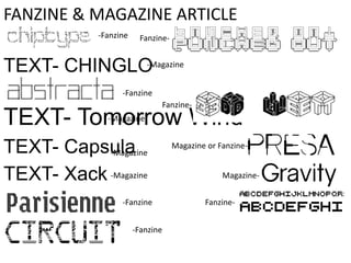 FANZINE & MAGAZINE ARTICLE
TEXT- Tomorrow Wind
TEXT- Capsula
TEXT- Xack
TEXT- CHINGLO
PRO
-Fanzine
-Magazine
-Magazine
-Magazine
-Fanzine
-Magazine
-Fanzine
-Fanzine
Fanzine-
Fanzine-
Magazine or Fanzine-
Magazine-
Fanzine-
 