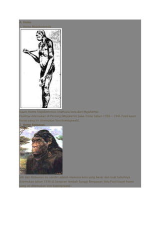A. Homo
1. Homo Mojokertensis




Kaum Homo Mojokertensis (manusia kera dari Mojokerto)
Fosilnya ditemukan di Perning (Mojokerto) Jawa Timur tahun 1936 – 1941.Fosil kaum
homo yang ini ditemukan Von Koenigswald..
2. Homo Robustus




arti dari Robustus itu sendiri adalah manusia kera yang besar dan kuat tubuhnya
ditemukan tahun 1936 di Sangiran lembah Sungai Bengawan Solo.Fosil kaum homo
yang ini ditemukan Von Koenigswald..
 