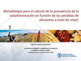 Metodología para el cálculo de la prevalencia de la subalimentación en función de las pérdidas de alimentos a nivel de retail. 
CONSULTA REGIONAL DE EXPERTOS 
“REDUCCIÓN DE PÉRDIDAS Y DESPERDICIOS DE ALIMENTOS 
EN AMÉRICA LATINA Y EL CARIBE” 
Santiago de Chile, 8, 9 y 10 de octubre, 2014 
 