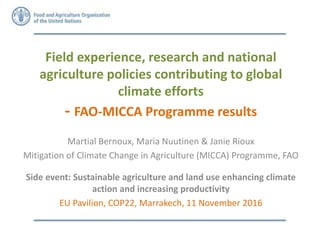 Field experience, research and national
agriculture policies contributing to global
climate efforts
- FAO-MICCA Programme results
Martial Bernoux, Maria Nuutinen & Janie Rioux
Mitigation of Climate Change in Agriculture (MICCA) Programme, FAO
Side event: Sustainable agriculture and land use enhancing climate
action and increasing productivity
EU Pavilion, COP22, Marrakech, 11 November 2016
 