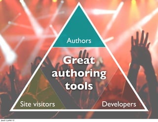 Authors

                                  Great
                                authoring
                                  tools
                     Site visitors             Developers
jeudi 5 juillet 12
 